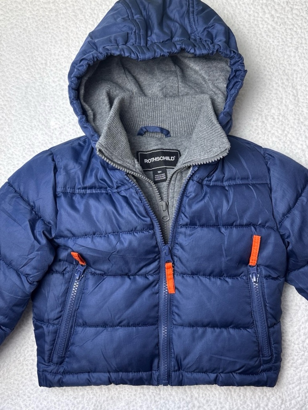 Rothschild Navy Blue Puffer Jacket with Hood and Orange Accents